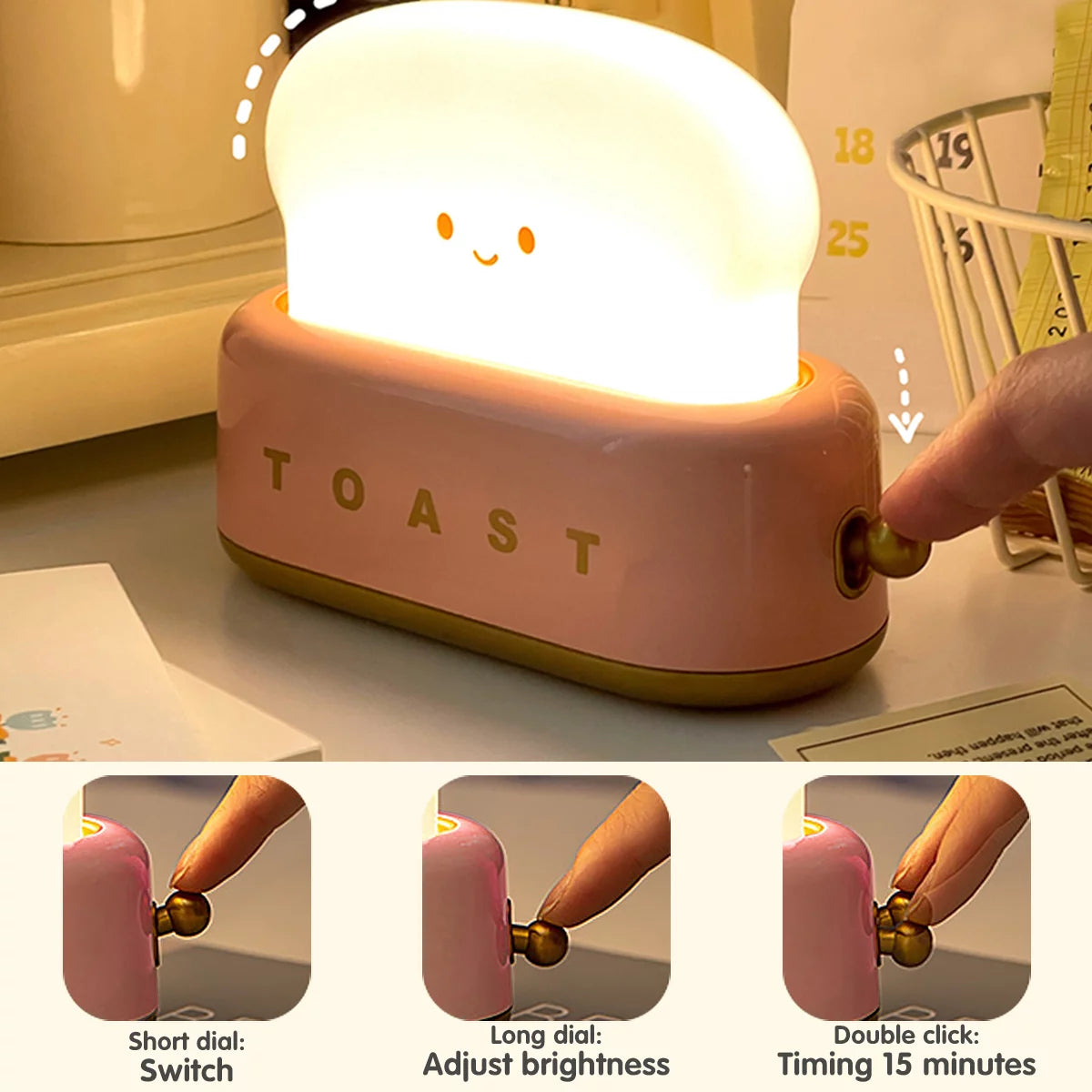 Toast Dorm Room Decor Night Lamp,Cute Bread Led Night Light USB Rechargeable Kawaii Portable Light with Timer Funny Bedroom Bedside Sleep Lamps for Birthday Gift Baby Kids Girls Teens Red