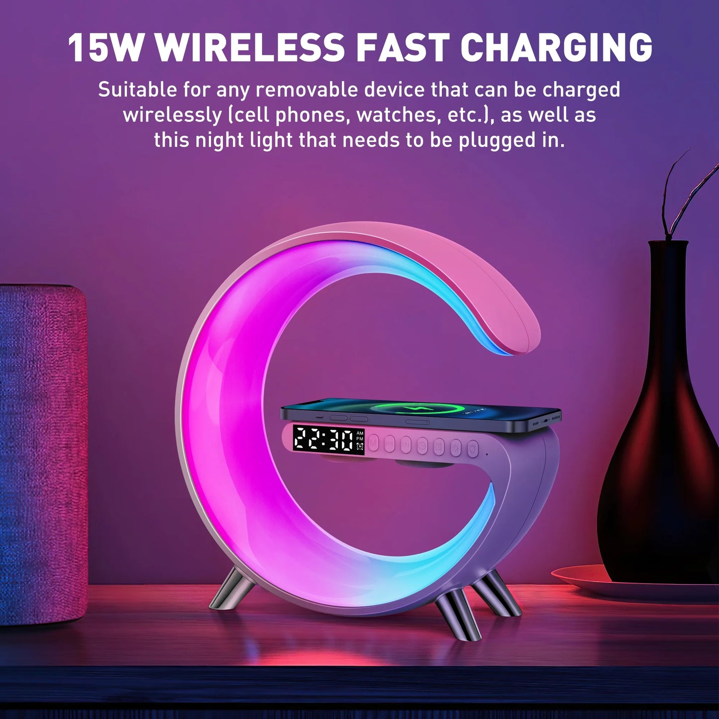 LED Display Table Lamp Digital Alarm Clock, Wireless Charging